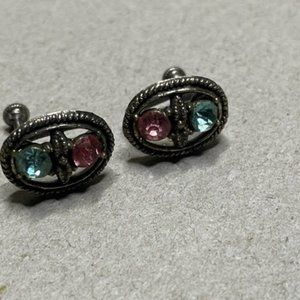 Pretty Vintage Screw Back Earrings Set in a Silver Tone Blue & Pink 1940's